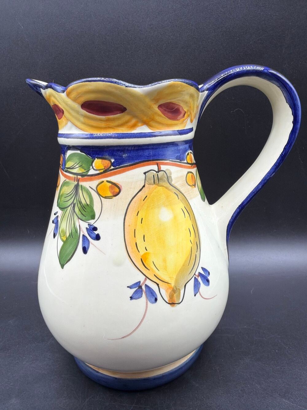 Jay Willfred Hand Painted Portugal Lemon Fruit Ceramic Pitcher Blue White Signed